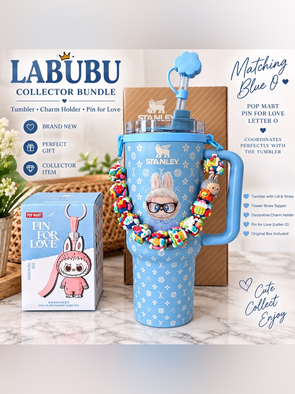 💙 LABUBU Blue Tumbler Collector Bundle + Pin For Love Letter O + Charm Holder